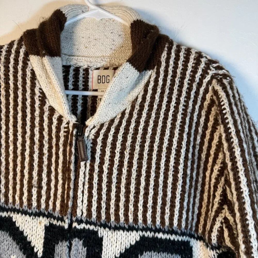 BDG Full Zip Hooded Sweater Unisex Medium Brown Geometric Chunky Knit Cardigan‎